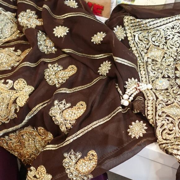 Ornate Gold appliques on Brown Kufta Dress/Saree Blouse - Picture 4 of 9